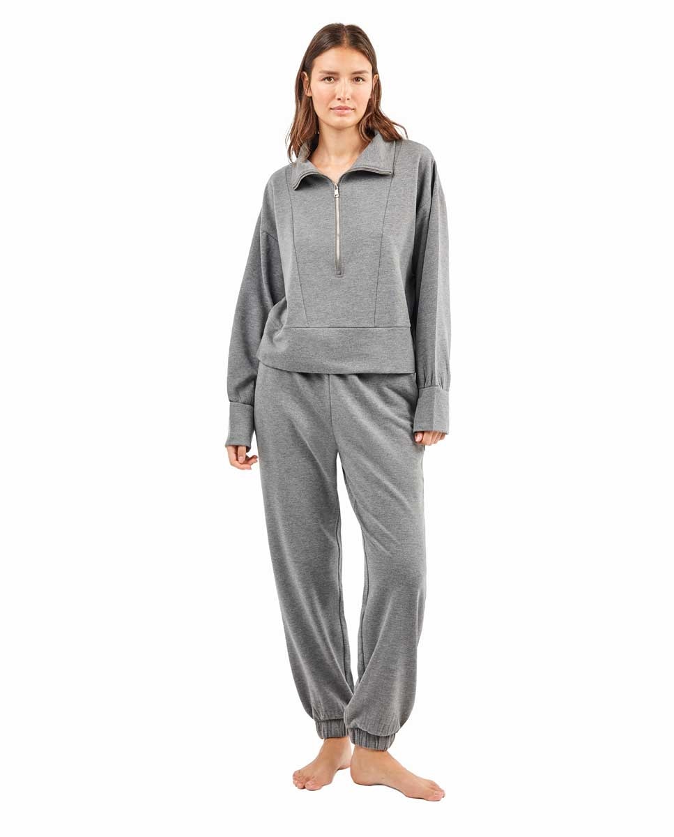 Sweatshirt Felpada com Gola Alta e Fecho Zip Duplo Cinzento-3