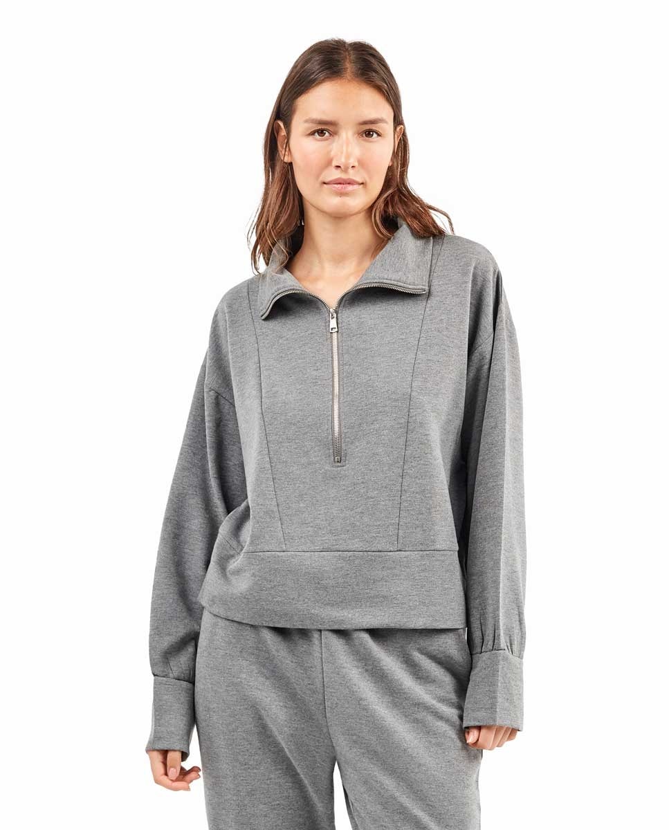 Sweatshirt Felpada com Gola Alta e Fecho Zip Duplo Cinzento-1