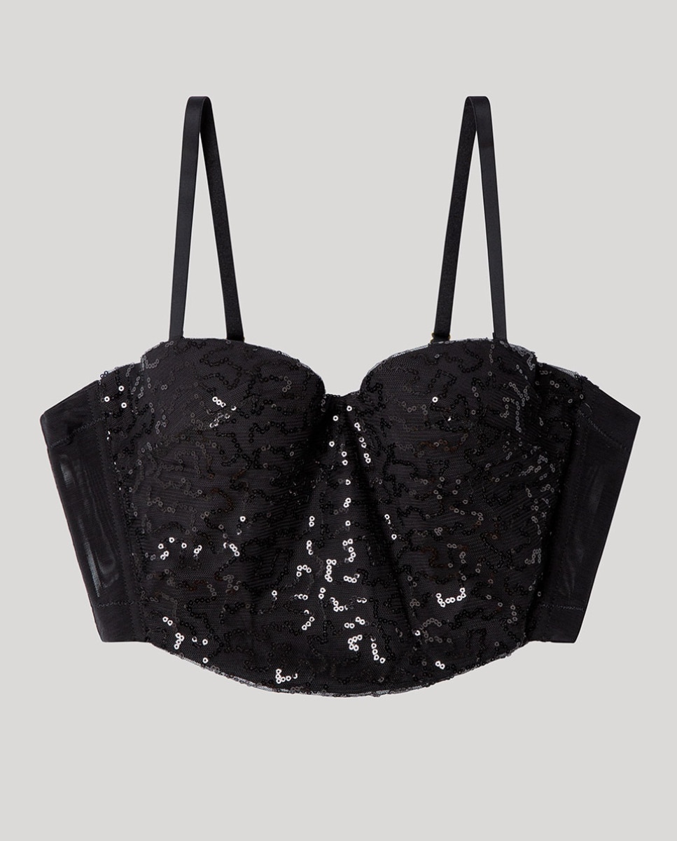 Soutien Bustier de Lantejoulas com Design Deslumbrante Preto-5