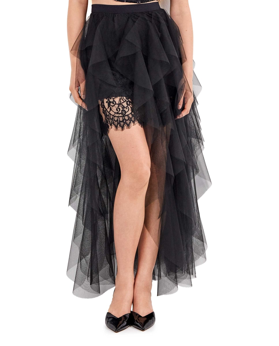 Imagem 0 de Saia Comprida de Renda Floral com Cascata de Tule Vaporoso