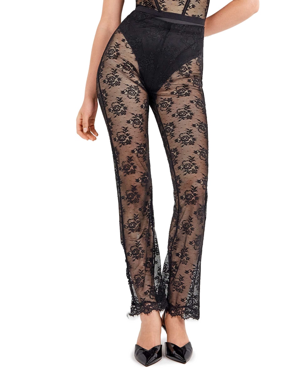 Calças Compridas Elásticas de Renda Floral Transparente e Delicado Preto-1
