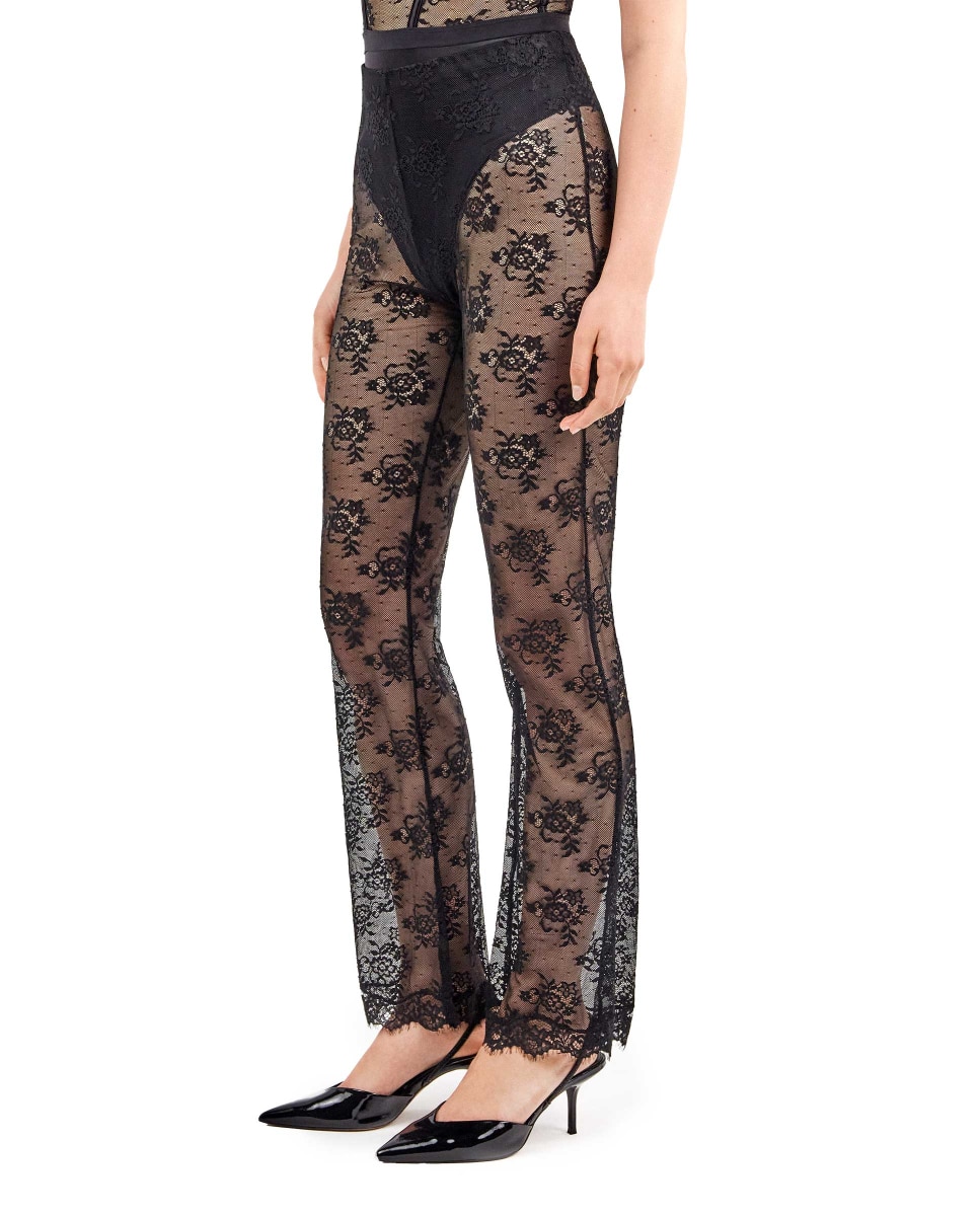 Calças Compridas Elásticas de Renda Floral Transparente e Delicado Preto-2