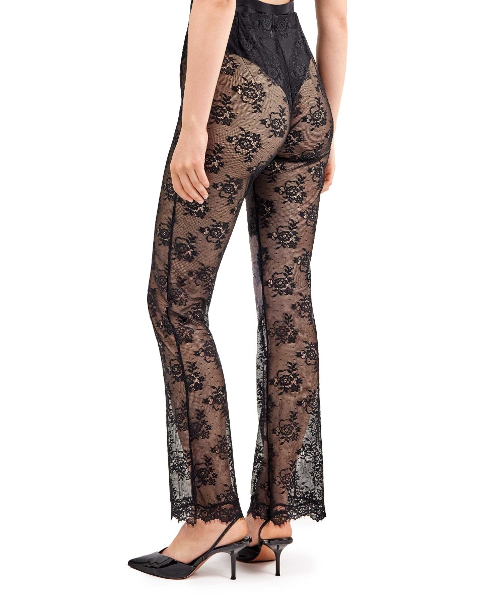 Calças Compridas Elásticas de Renda Floral Transparente e Delicado Preto-3