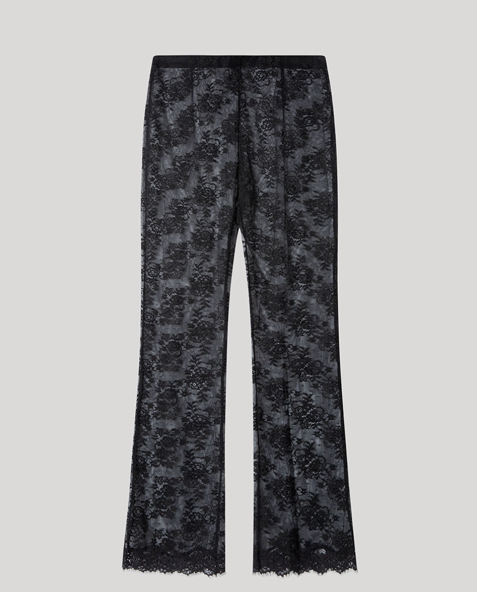 Calças Compridas Elásticas de Renda Floral Transparente e Delicado Preto-5