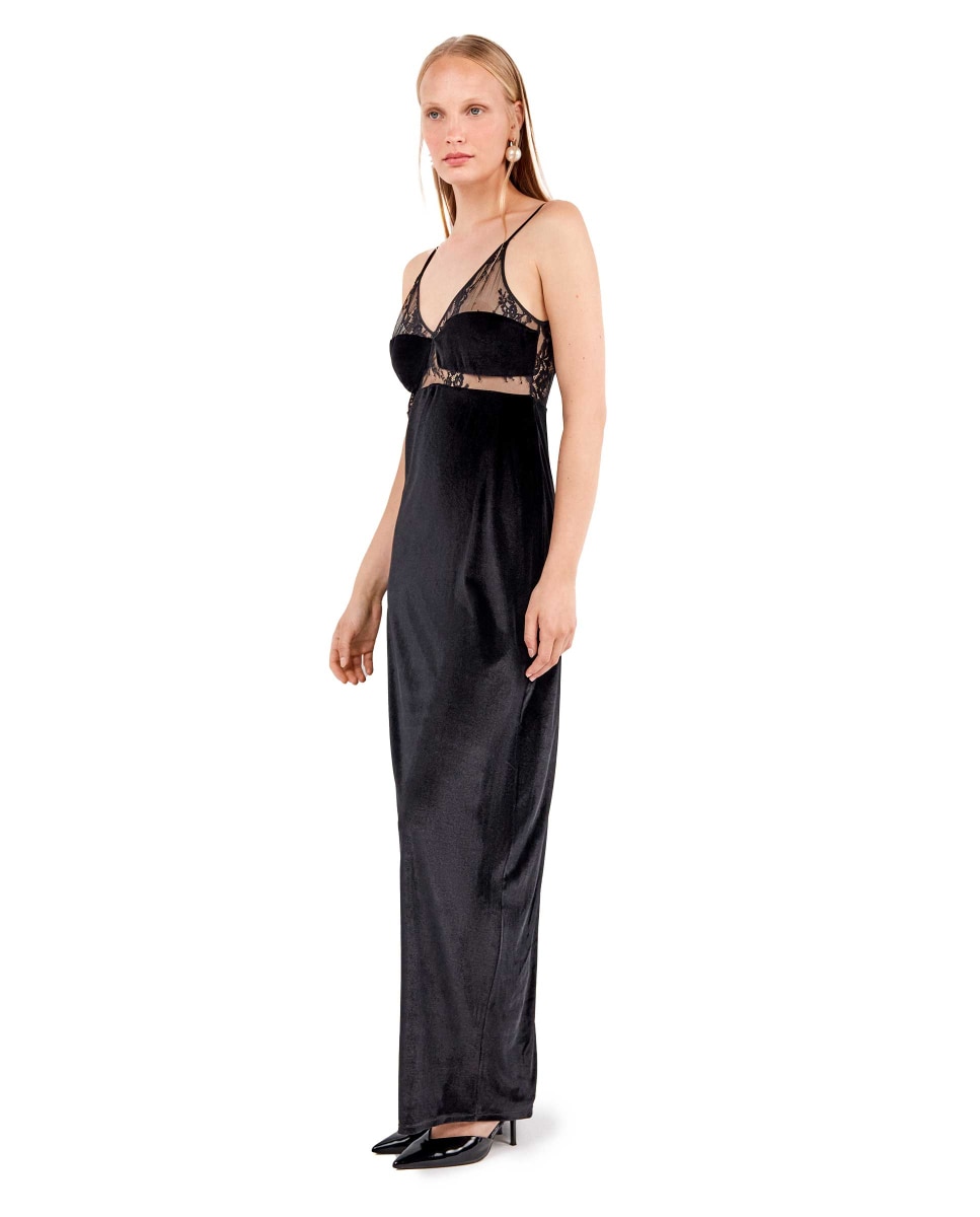 Vestido Comprido de Veludo com Caimento Fluido e Sofisticado Preto-2