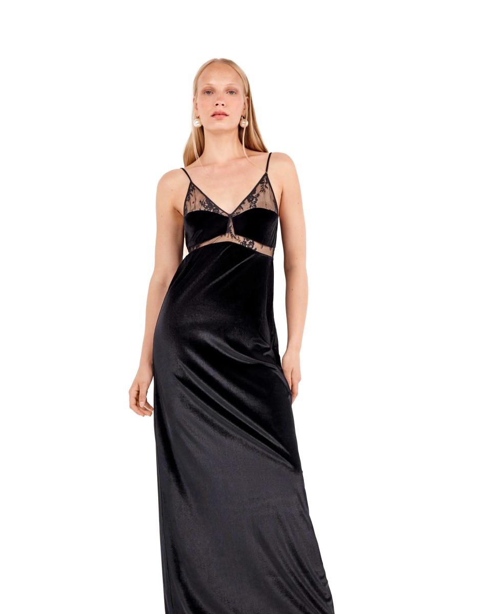 Vestido Comprido de Veludo com Caimento Fluido e Sofisticado Preto-4