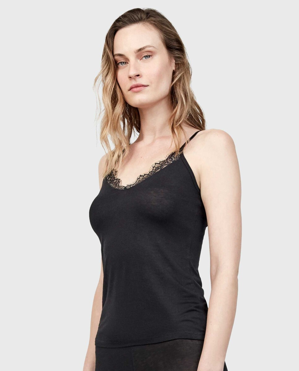 T-shirt Térmica de Alças com Renda Preto-3