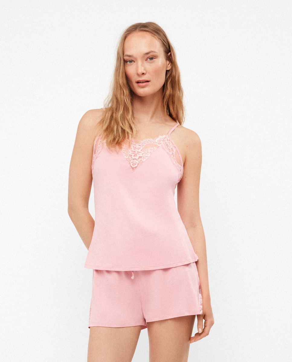 Pijama Curto com Renda Rosa-4