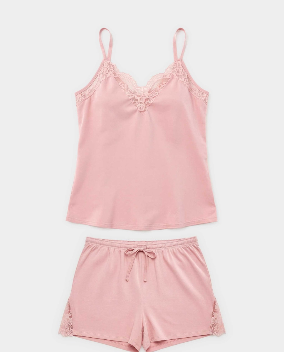 Pijama Curto com Renda Rosa-5