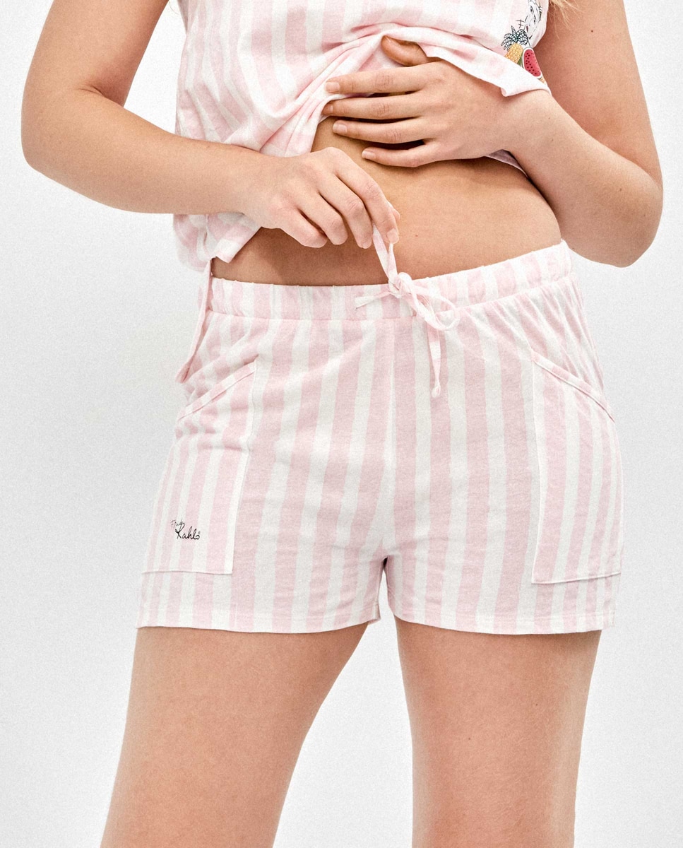 Pijama Curto Estampado Às Riscas Rosa-4