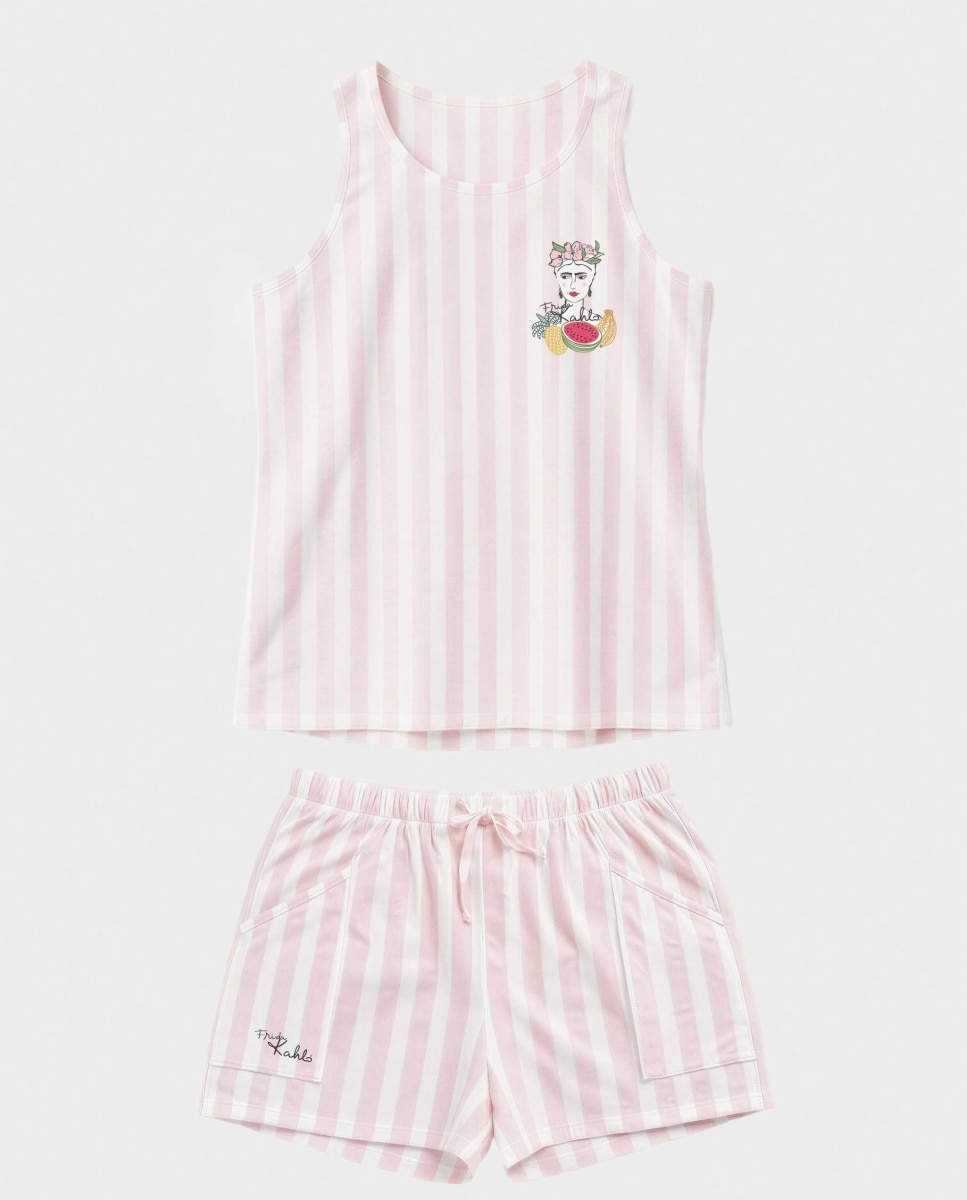 Pijama Curto Estampado Às Riscas Rosa-5