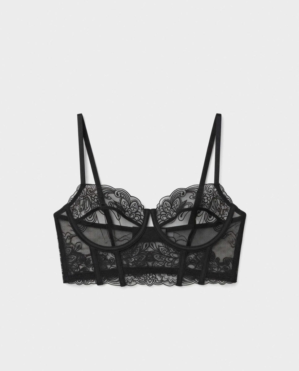 Soutien Bustier em Tecido Bordado Preto-5