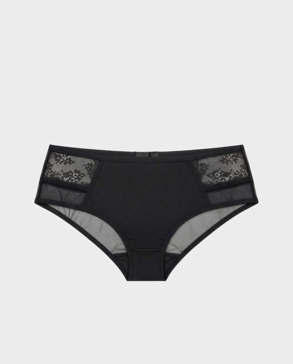 Cueca Alta Clássica com Renda e Tule Preto-5