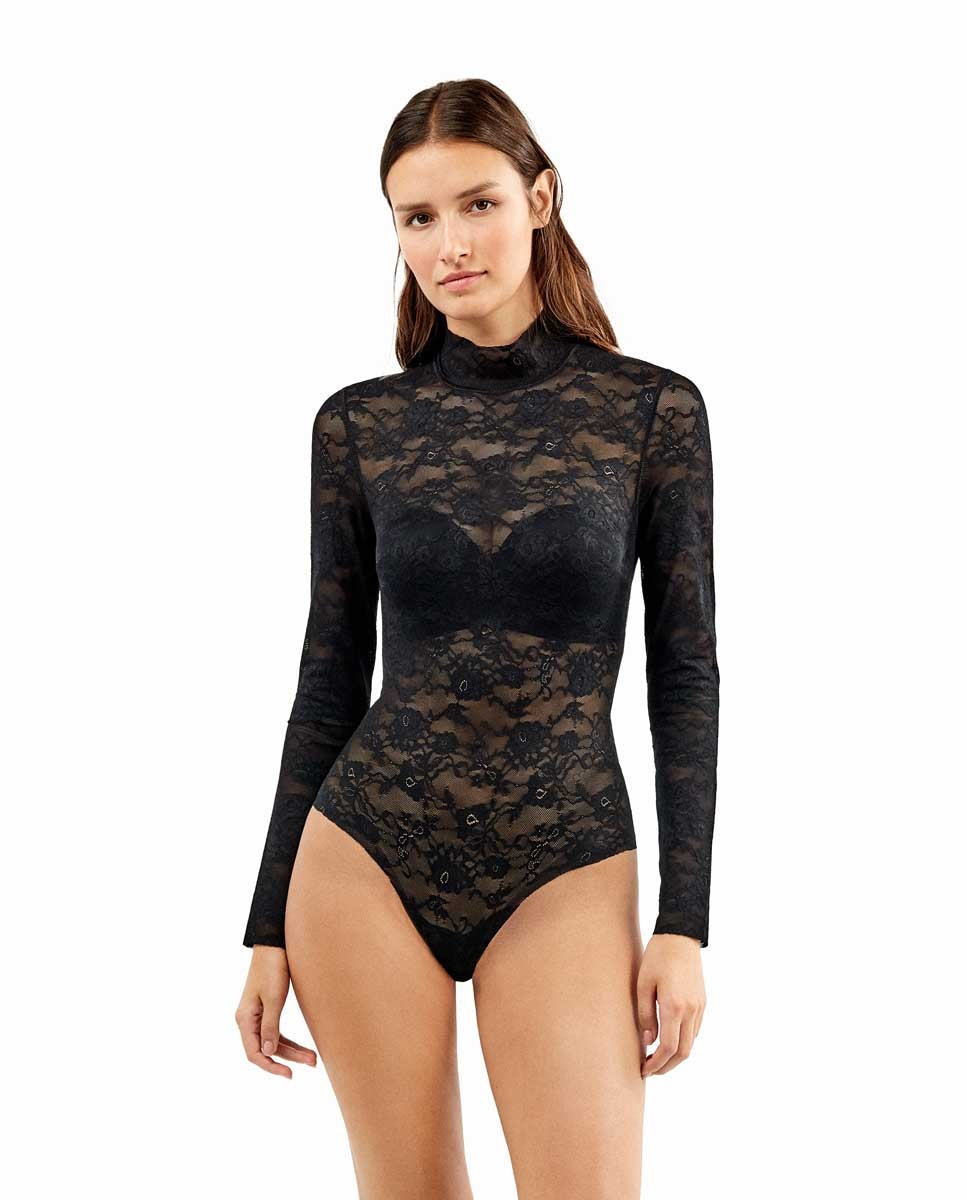 Body de Manga Comprida com Renda Floral Preto-2