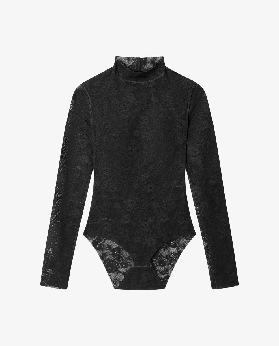 Body de Manga Comprida com Renda Floral Preto-5
