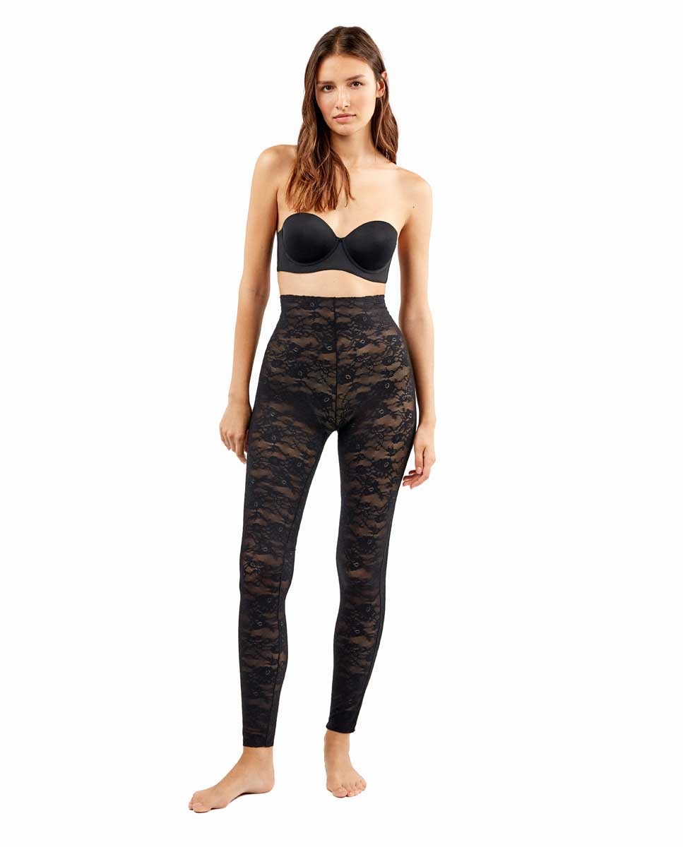 Leggings Compridas Moldeadoras de Renda Floral Preto-2