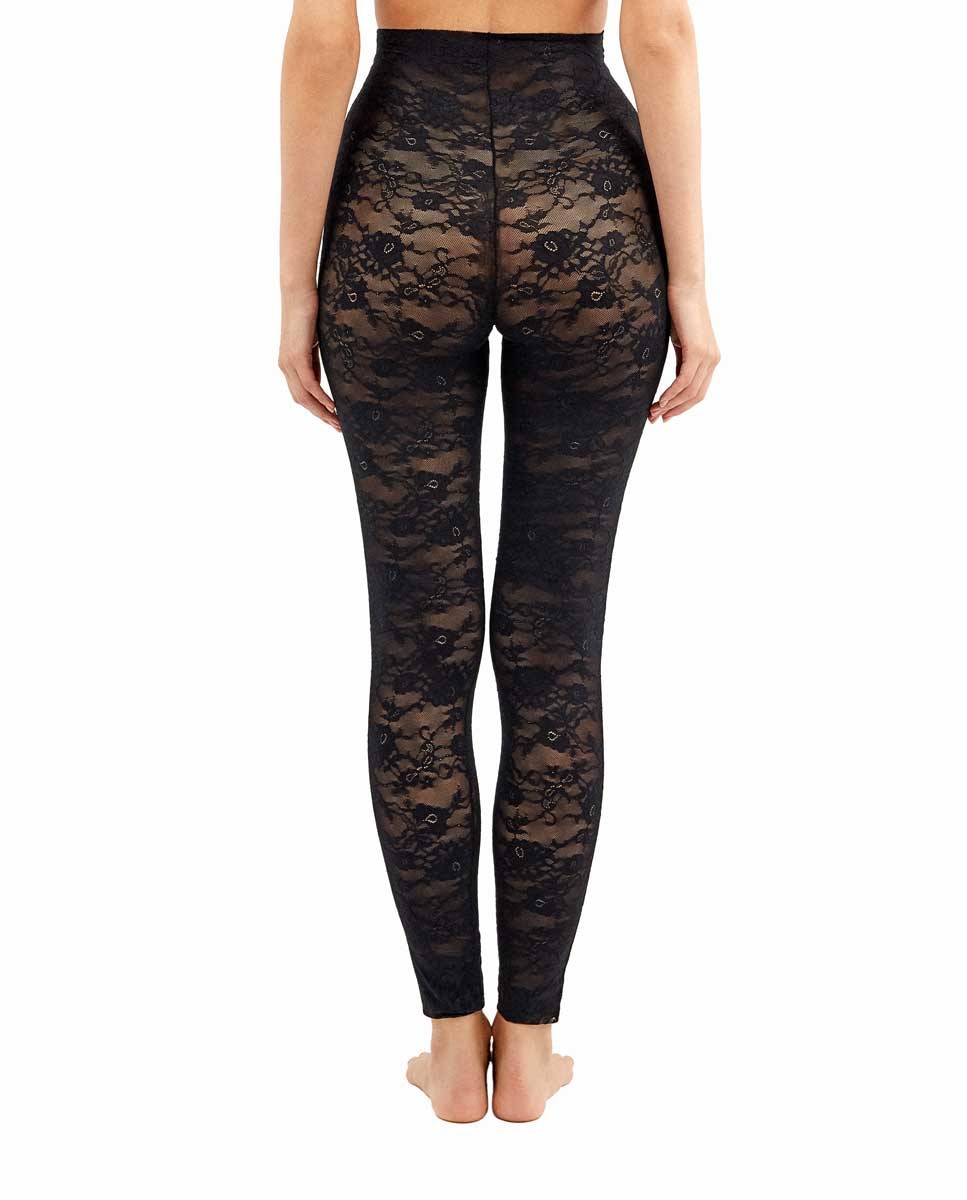 Leggings Compridas Moldeadoras de Renda Floral Preto-4