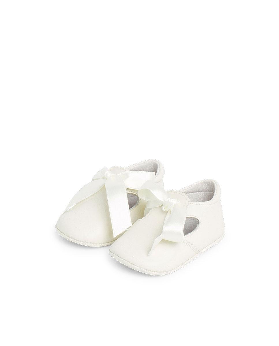 Merceditas de Bebé de Pele com Laço Pisamonas Branco-4