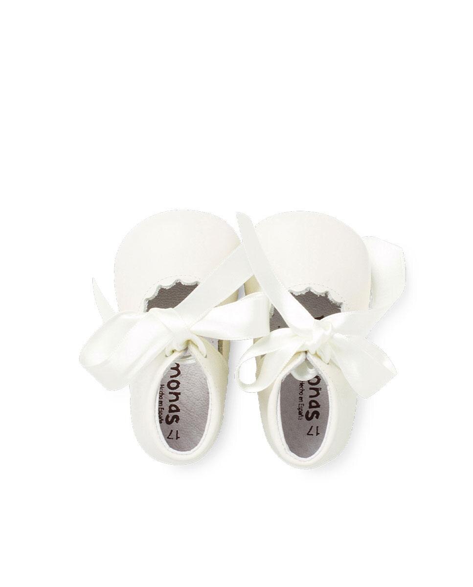 Merceditas de Bebé de Pele com Laço Pisamonas Branco-5