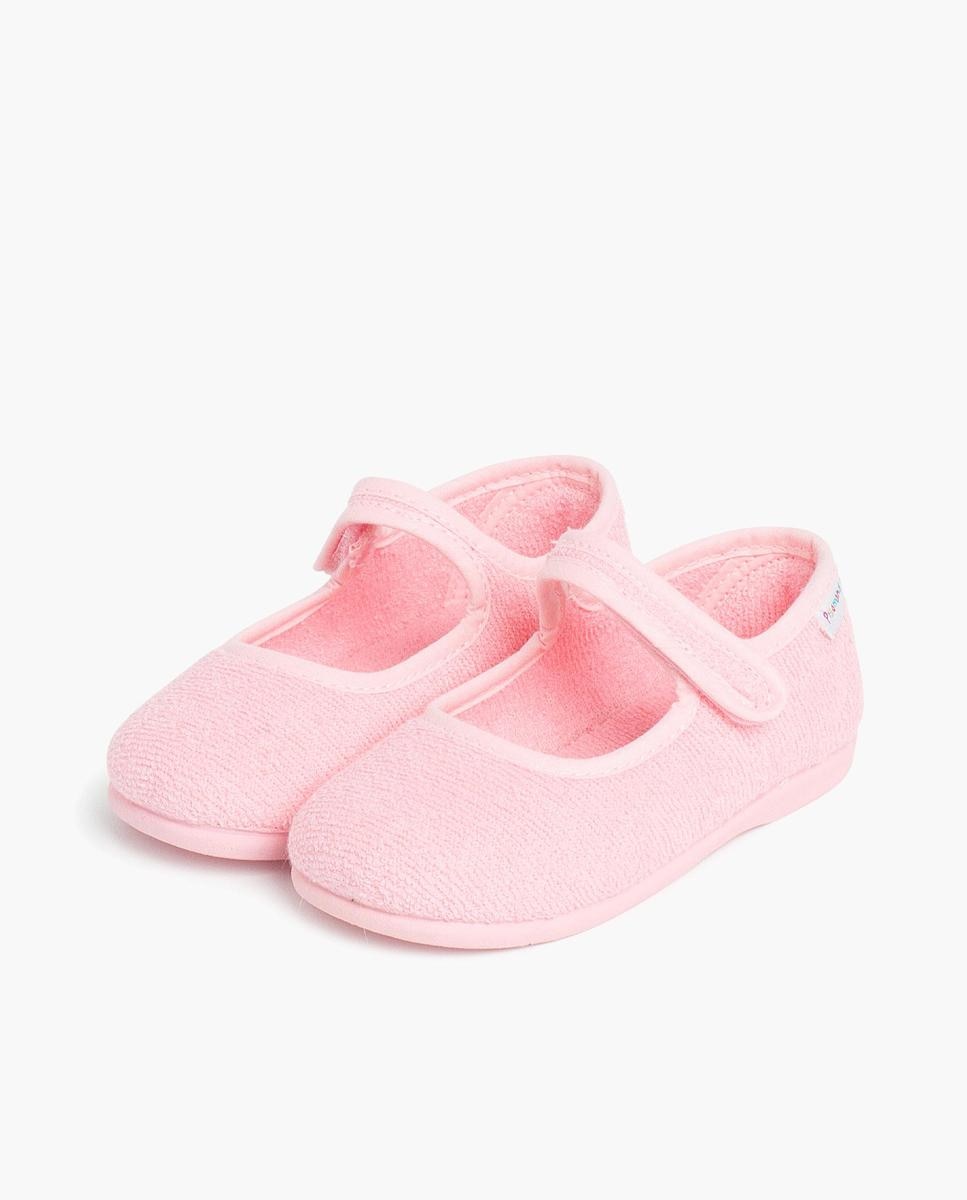 Pantufas de Bebé Menina Merceditas Turco tiras aderentes em Azul-claro Pisamonas Rosa-4