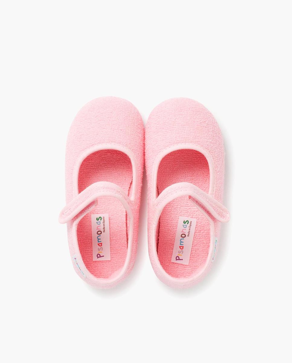 Pantufas de Bebé Menina Merceditas Turco tiras aderentes em Azul-claro Pisamonas Rosa-5