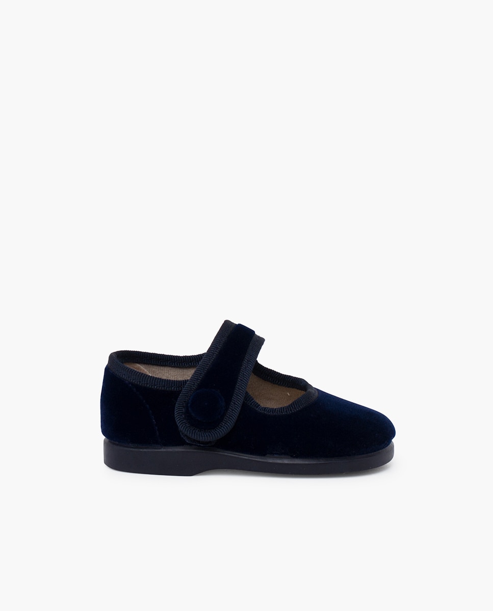 Sapatos de Presilha Infantil de Veludo com Botão e Velcro Azul-marinho-1