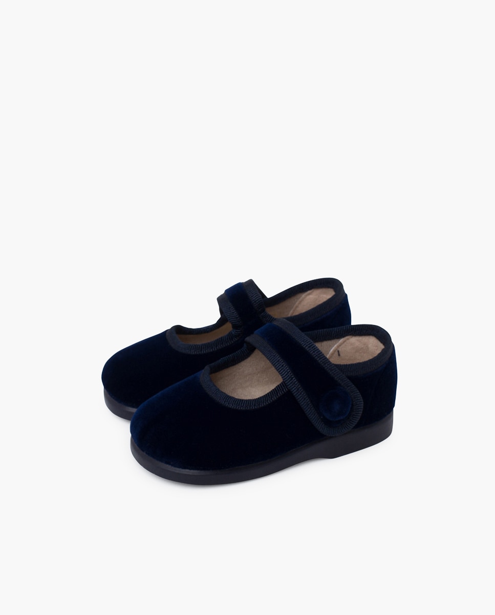 Sapatos de Presilha Infantil de Veludo com Botão e Velcro Azul-marinho-3