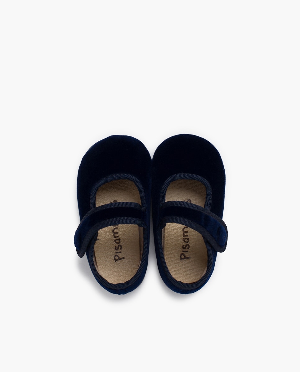 Sapatos de Presilha Infantil de Veludo com Botão e Velcro Azul-marinho-4