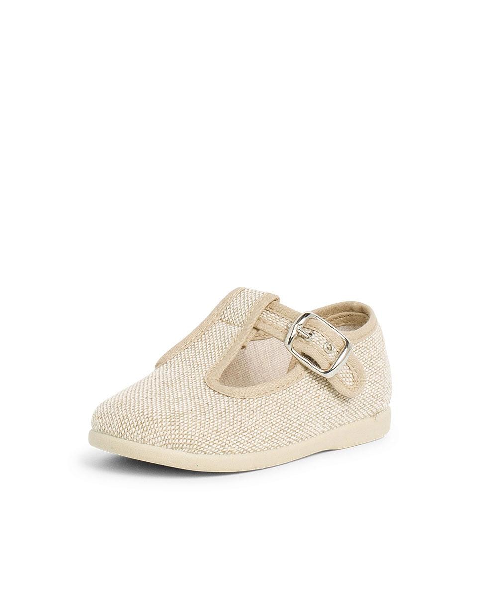 Sapatos Pepito para Bebé de Linho com Fivela Bege-2