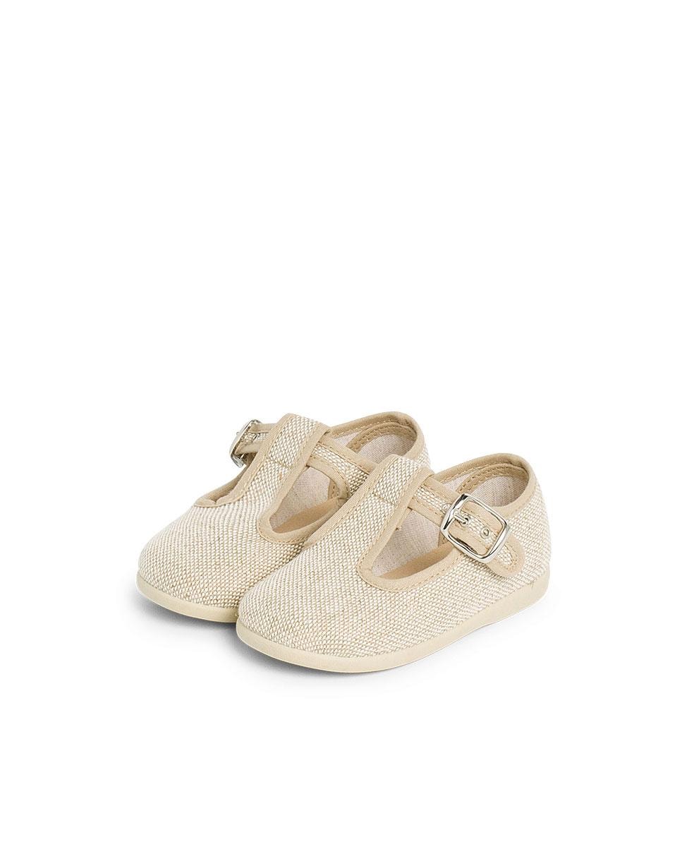 Sapatos Pepito para Bebé de Linho com Fivela Bege-4