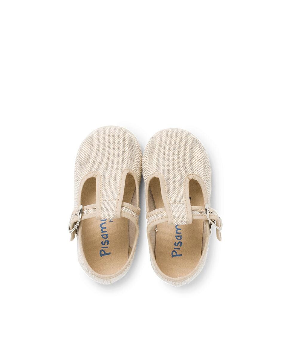 Sapatos Pepito para Bebé de Linho com Fivela Bege-5