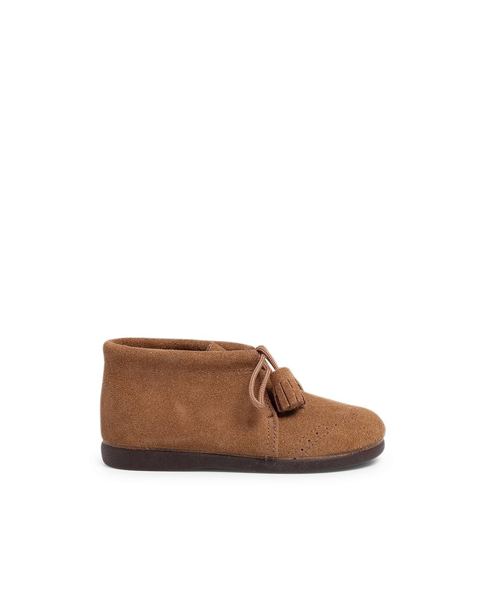 Botas para Bebé de Pele Camurça com Perfurado e Pompom Pisamonas Castanho-1