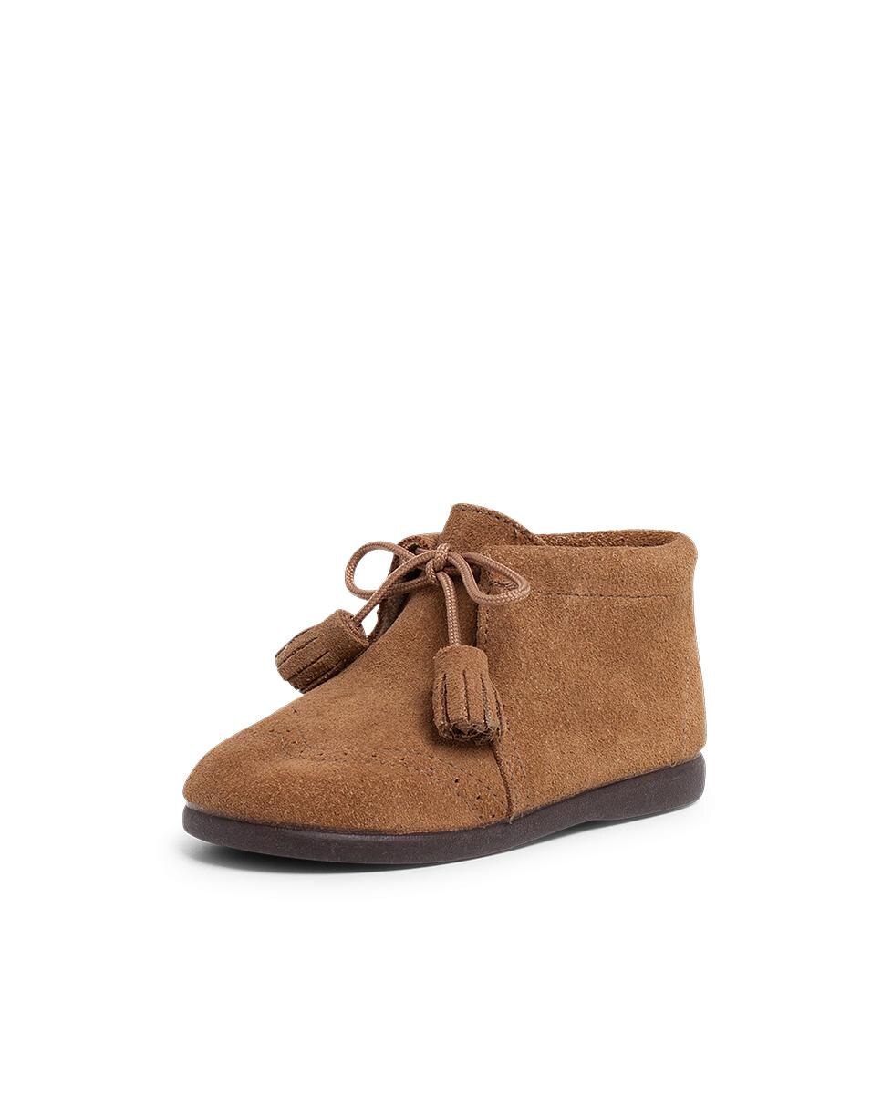 Botas para Bebé de Pele Camurça com Perfurado e Pompom Pisamonas Castanho-2