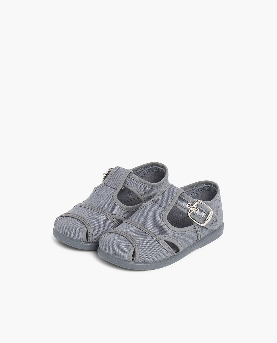 Sapatos de Presilha para Bebé de Lona Abertos Cinzento-escuro-3