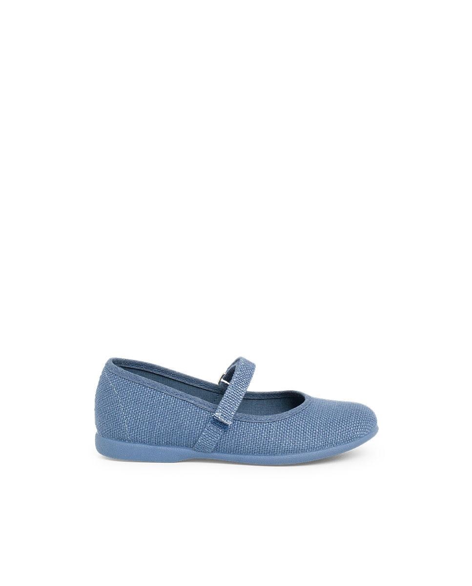 Merceditas Infantil de Linho com Velcro Pisamonas Azul-claro-1