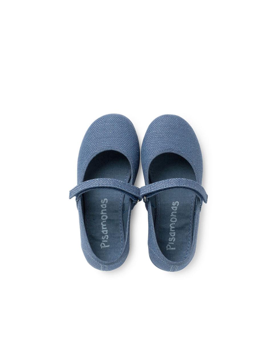 Merceditas Infantil de Linho com Velcro Pisamonas Azul-claro-5