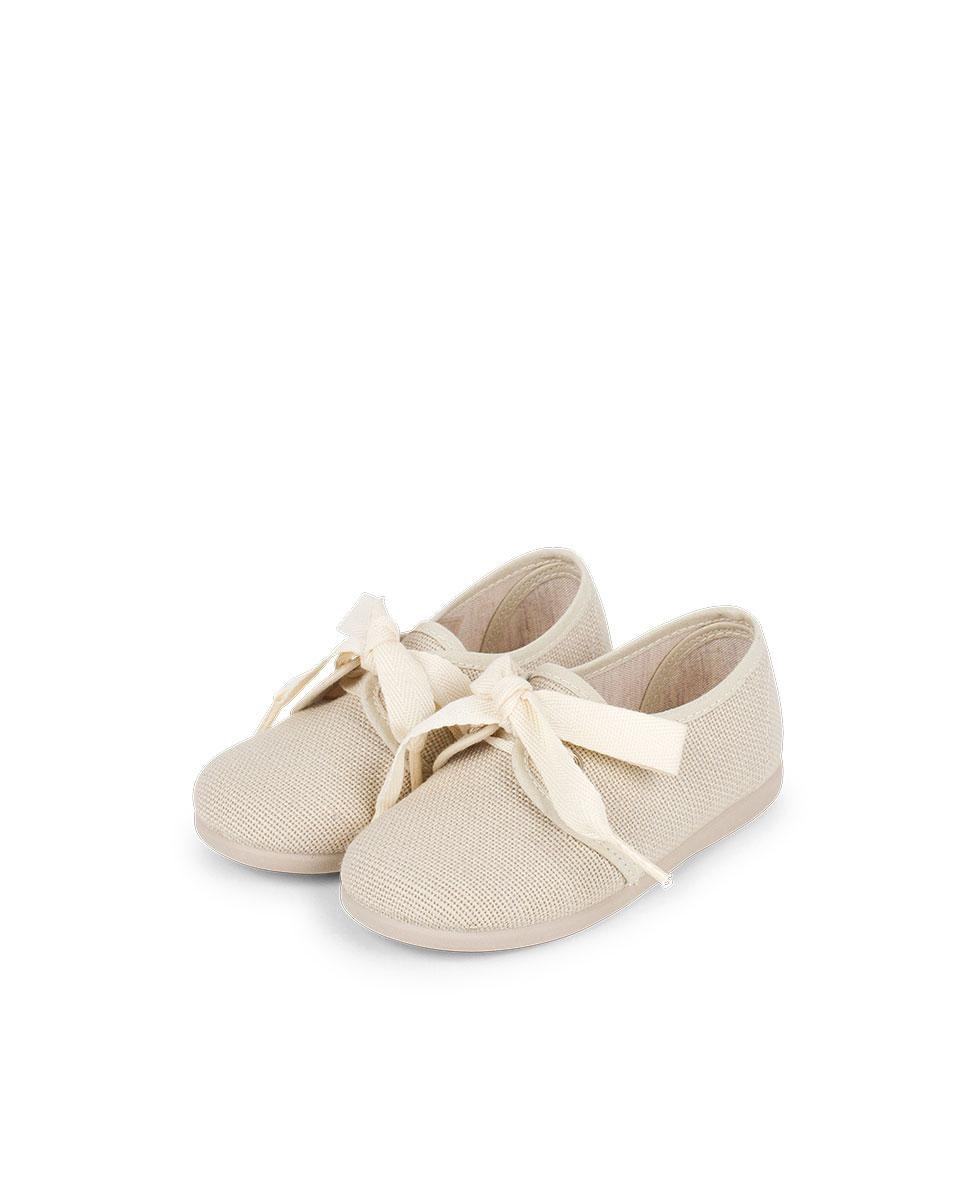 Sapatos de Cordões para Bebé de Linho com Laço Pisamonas Cru-4