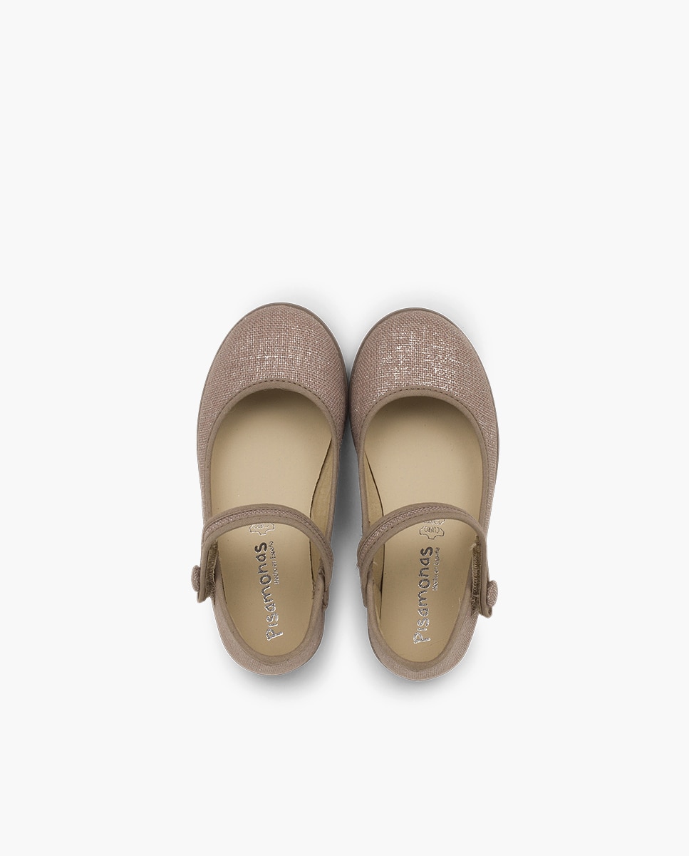 Merceditas com Velcro em Linho Bege-4