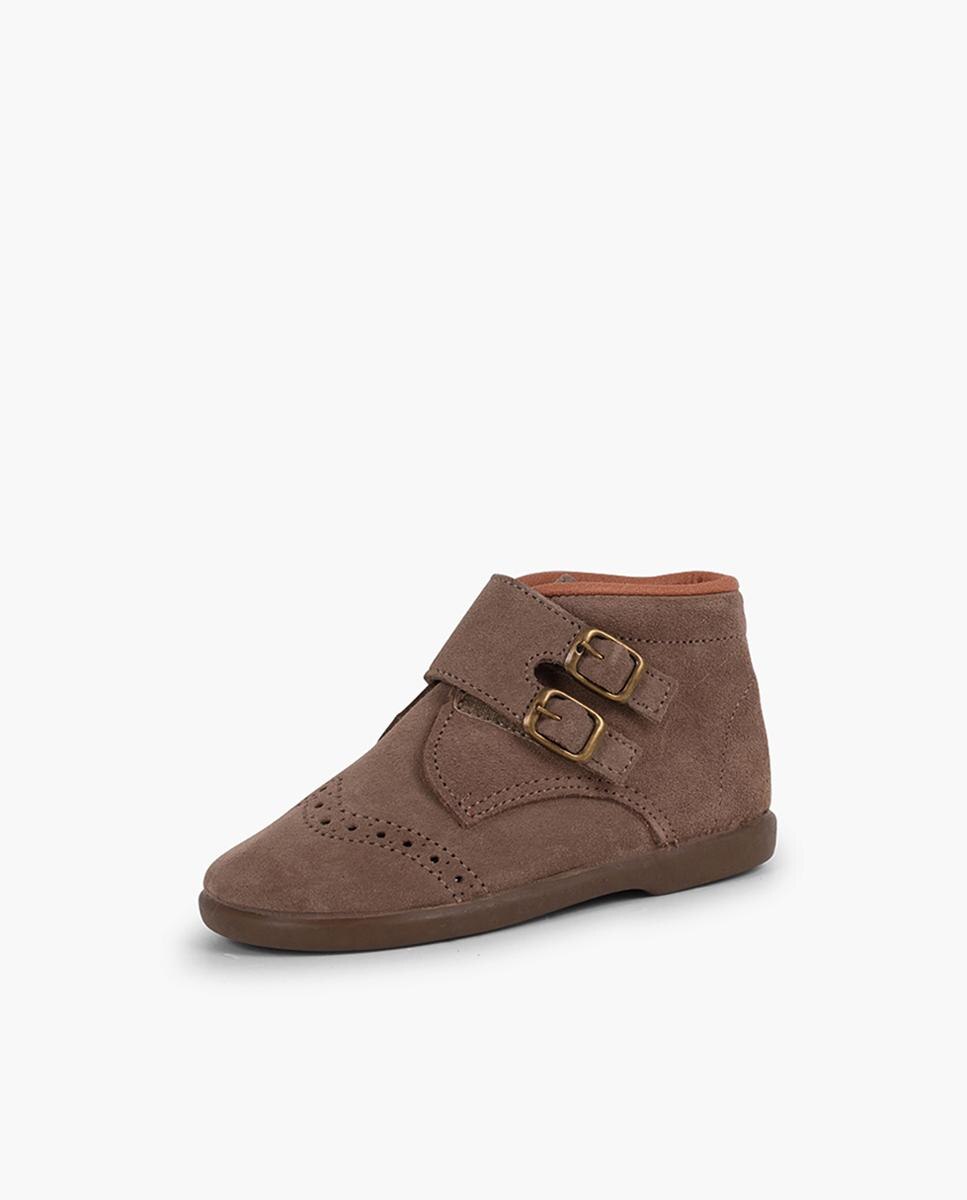Botas de Bebé em Croute com Tira Aderente com Adorno de Fivelas - Azul-Marinho Pisamonas Taupe-2