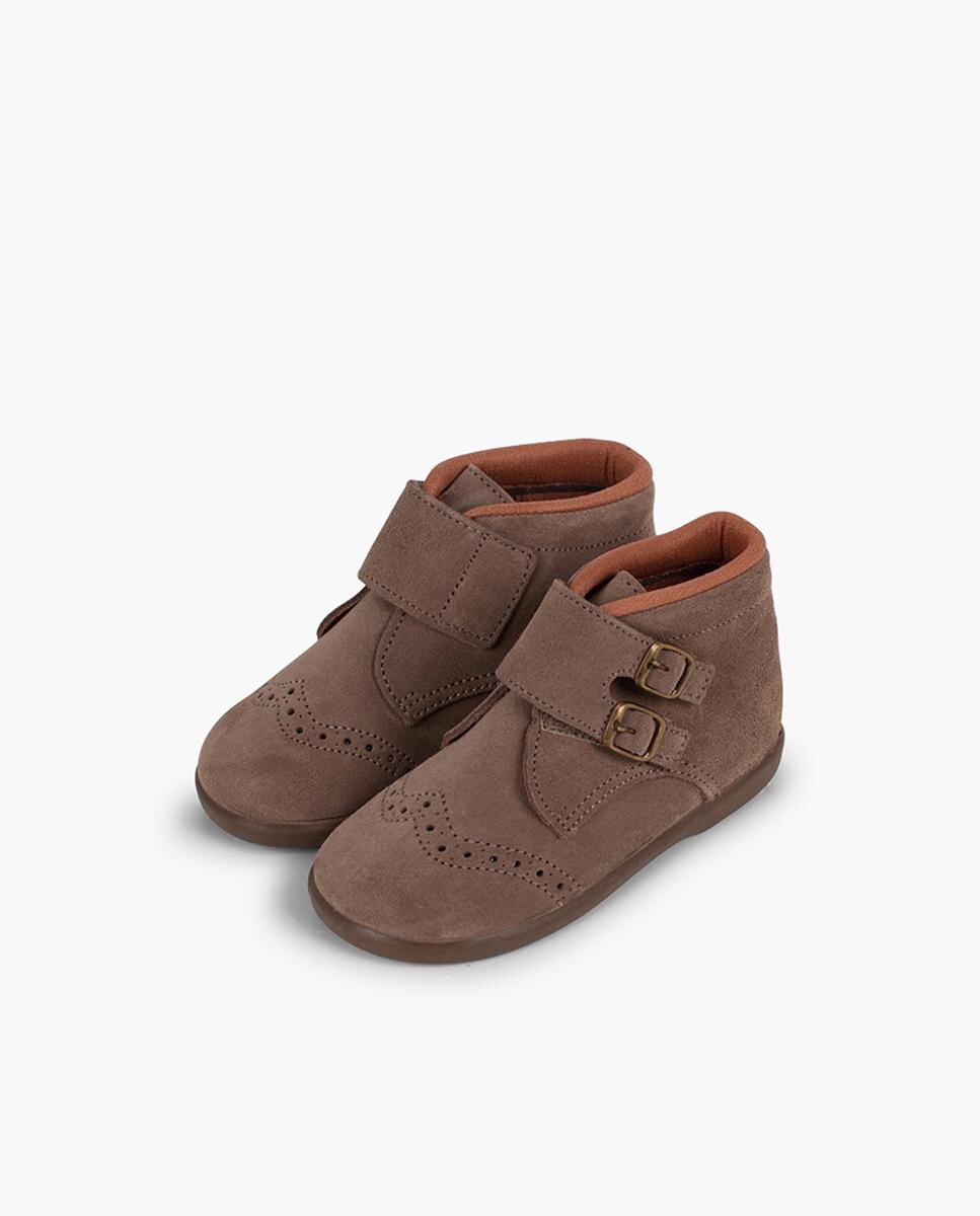 Botas de Bebé em Croute com Tira Aderente com Adorno de Fivelas - Azul-Marinho Pisamonas Taupe-4