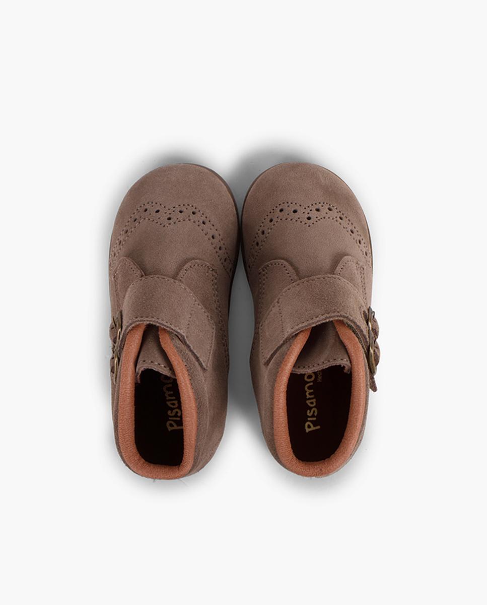 Botas de Bebé em Croute com Tira Aderente com Adorno de Fivelas - Azul-Marinho Pisamonas Taupe-5