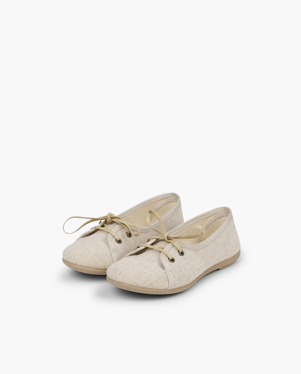 Sapatos de Cordões Infantil Tipo Salto Alto de Linho Bege-3