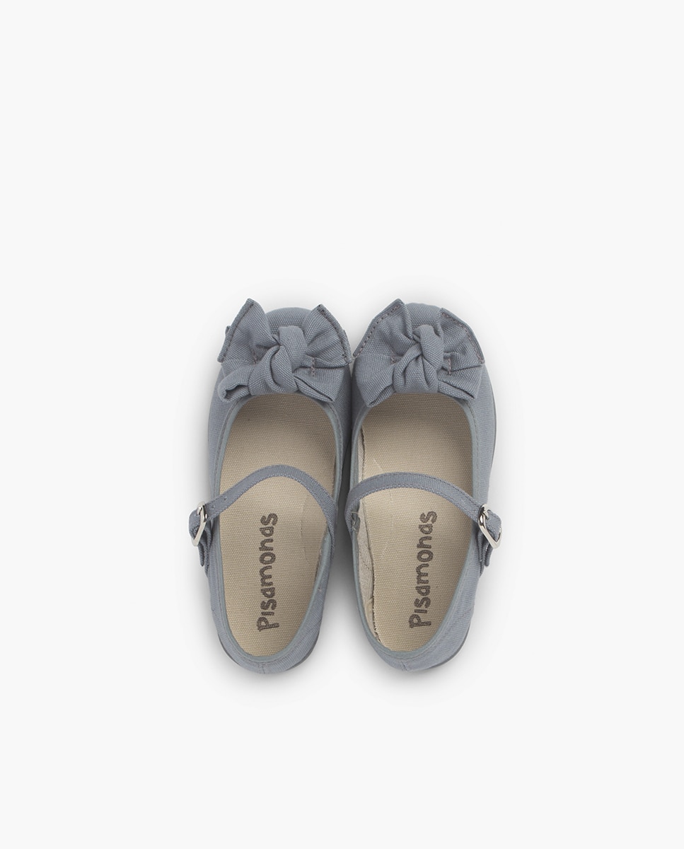 Sapatos de Presilha Infantil em Algodão Orgânico com Biqueira Laço Cinzento-claro-4