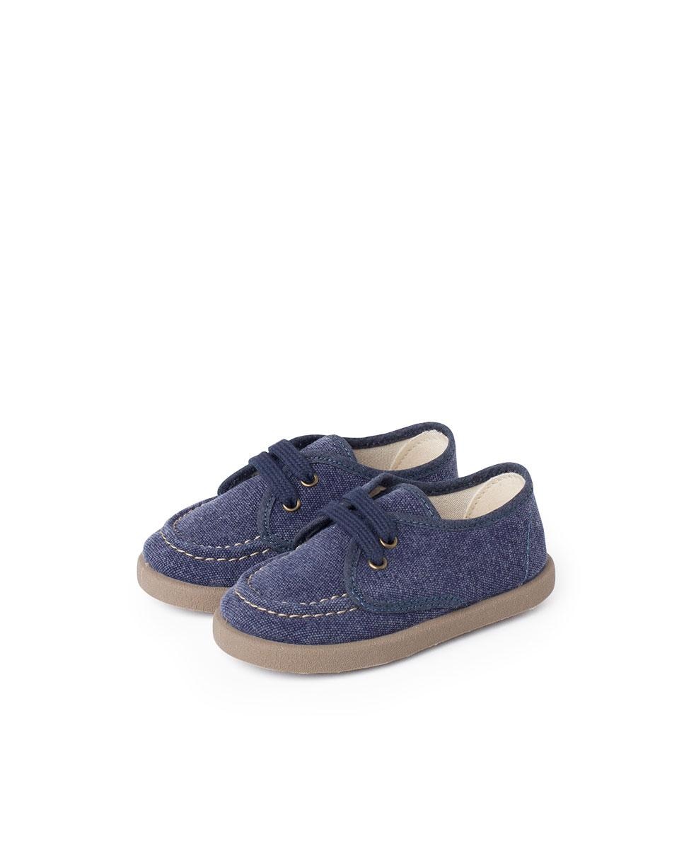 Sapatos de vela de bebé menino de lona em caqui Pisamonas Azul-4