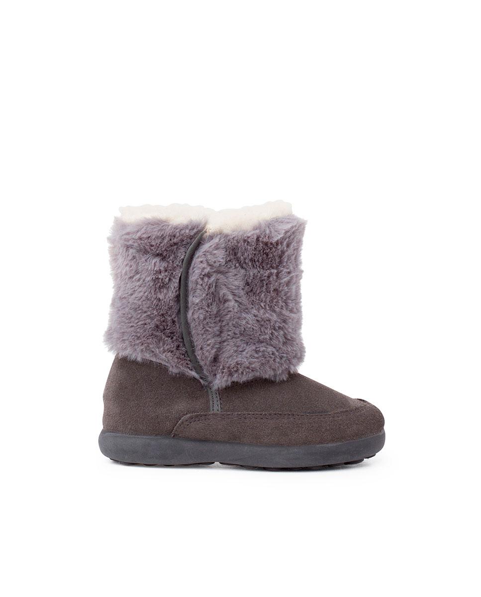 Botas de bebés de pele em azul marinho com detalhe de pelo Cinzento-1