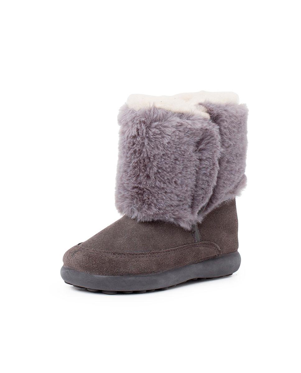 Botas de bebés de pele em azul marinho com detalhe de pelo Cinzento-2