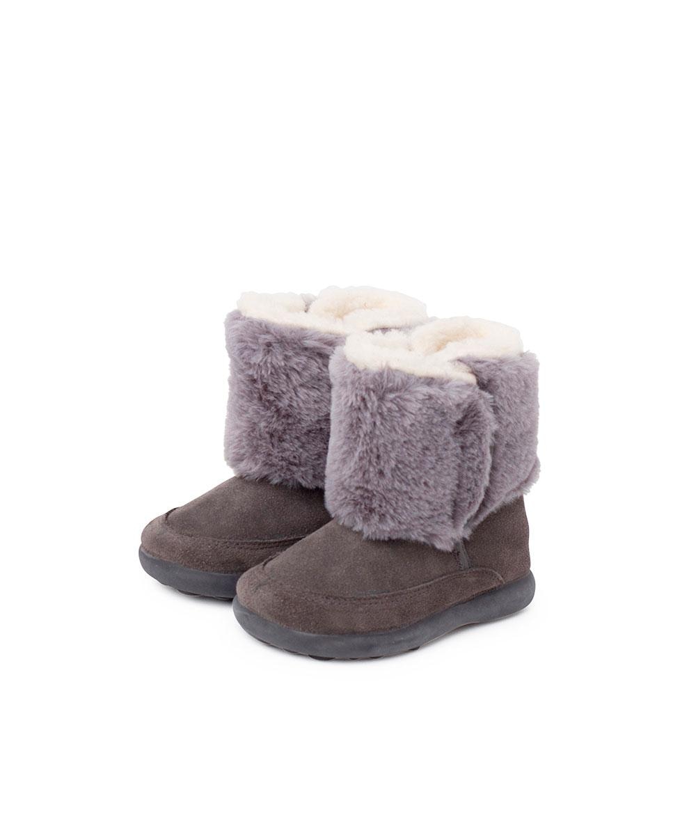 Botas de bebés de pele em azul marinho com detalhe de pelo Cinzento-4