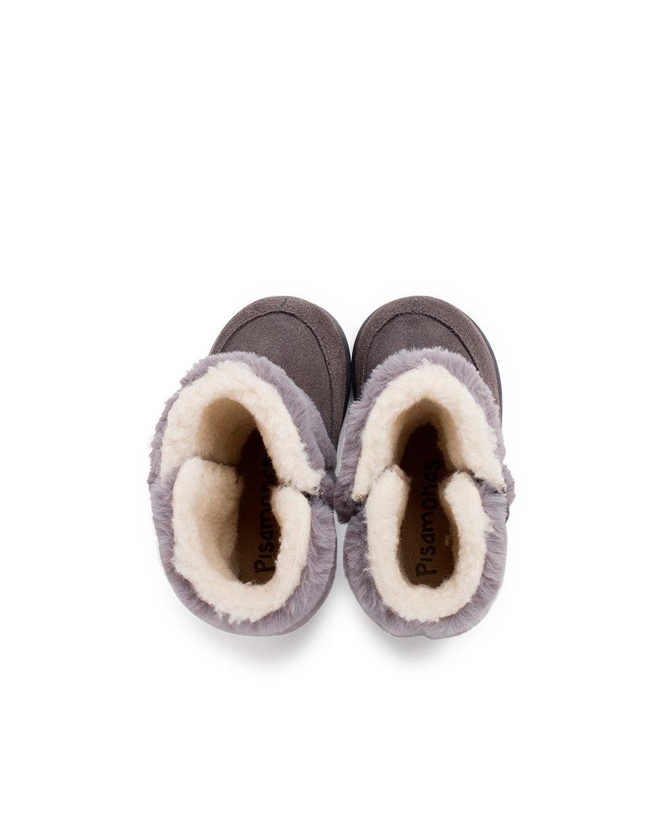 Botas de bebés de pele em azul marinho com detalhe de pelo Cinzento-5