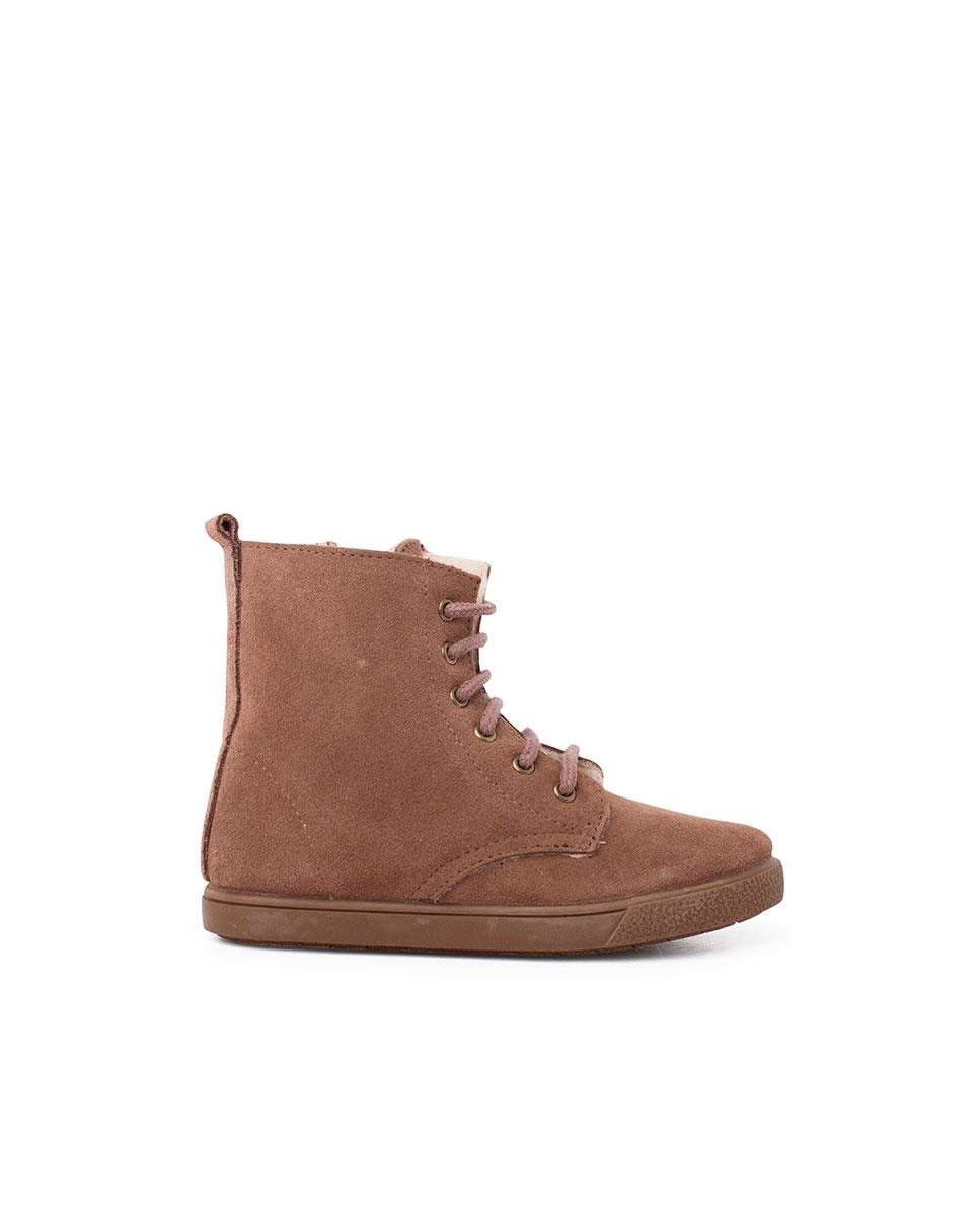 Botas Infantil em Pelo de Ovelha com Atacadores e Fecho Zip Lateral Taupe-1
