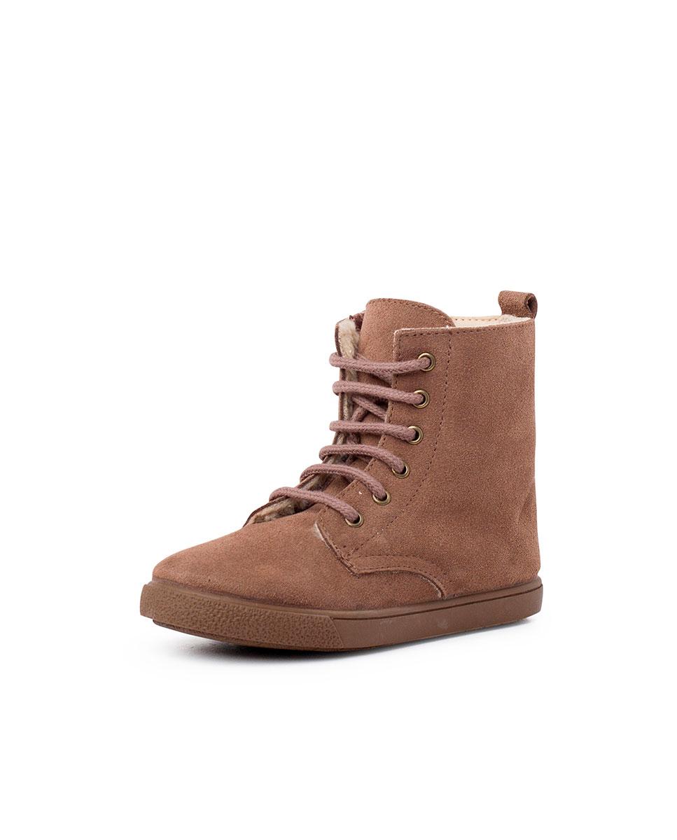 Botas Infantil em Pelo de Ovelha com Atacadores e Fecho Zip Lateral Taupe-2
